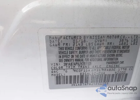 2018 Nissan Sentra Sv z USA, uszkodzony, nr VIN 3N1AB7APXJY251105